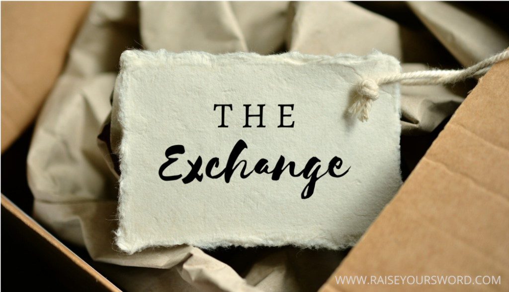 A cardboard box with gift tag that says, "the exchange" for trading lies we believe for truth.