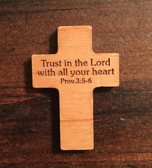 Take note of God's faithfulness with a wooden cross with the verse Trust in the Lord with all your heart. Proverbs 3:5-6